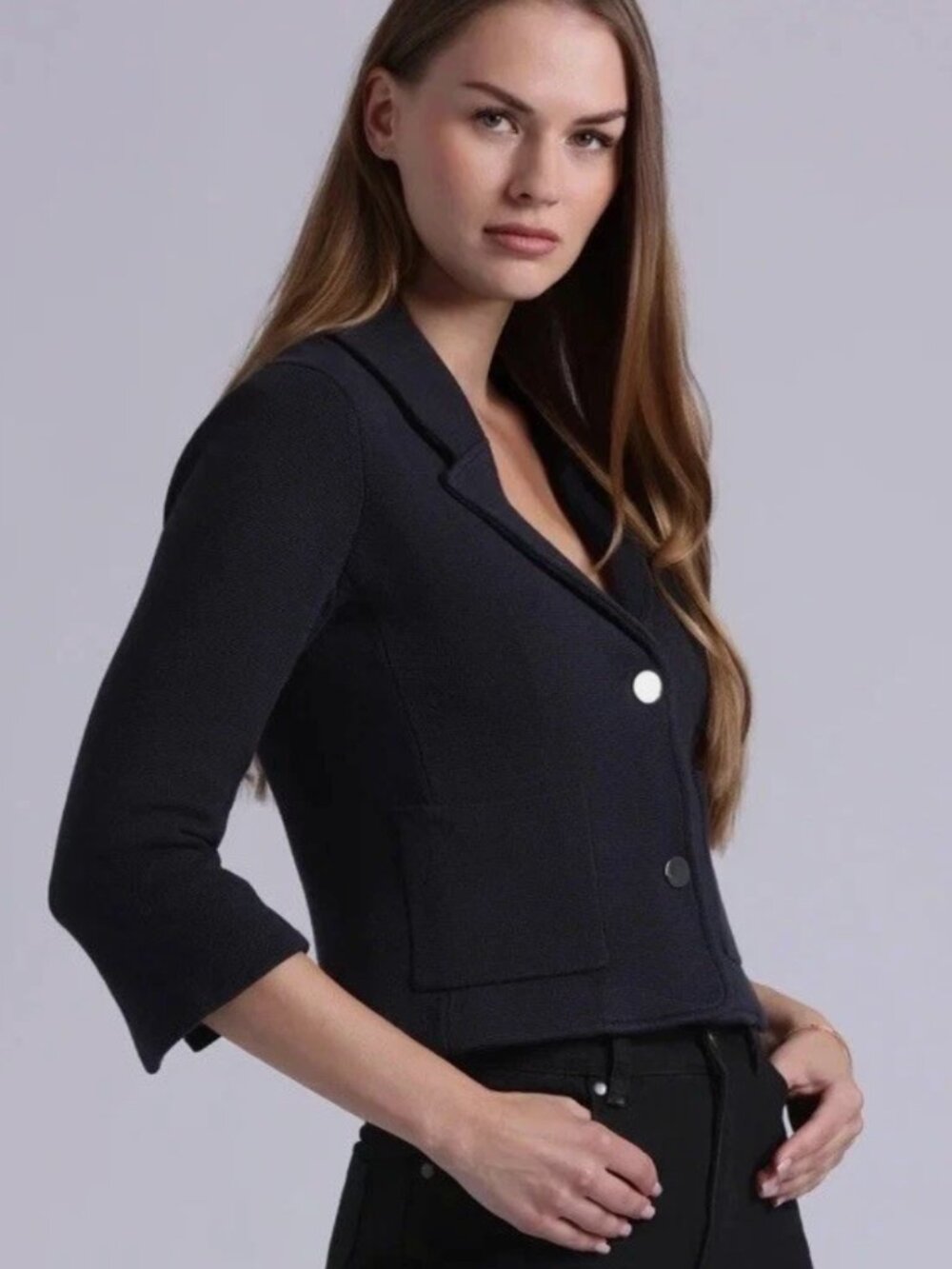 Minnie Rose Cotton Blend Shrunken Blazer Small Two Button Notched Lapel Knit EUC